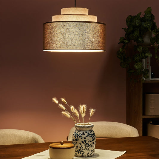 Hanging Pendant Lamp Brown Linen Shade Modern Tiered Design For Living Room