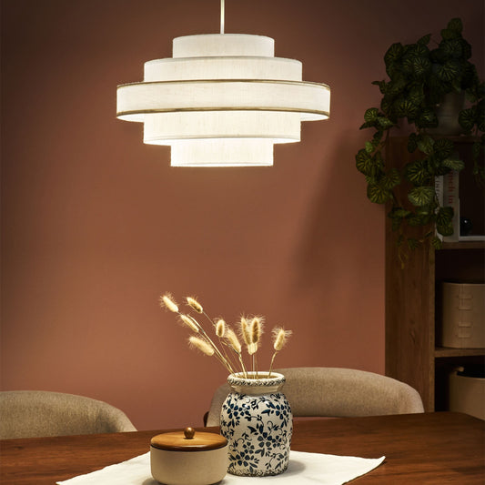 Hanging Pendant Lamp White Linen Shade Modern Design