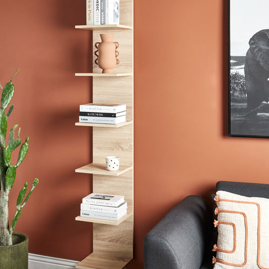 Wall Bookshelf 6 Tier Light Brown Particle Board Modern Wall Mounted Space Saving