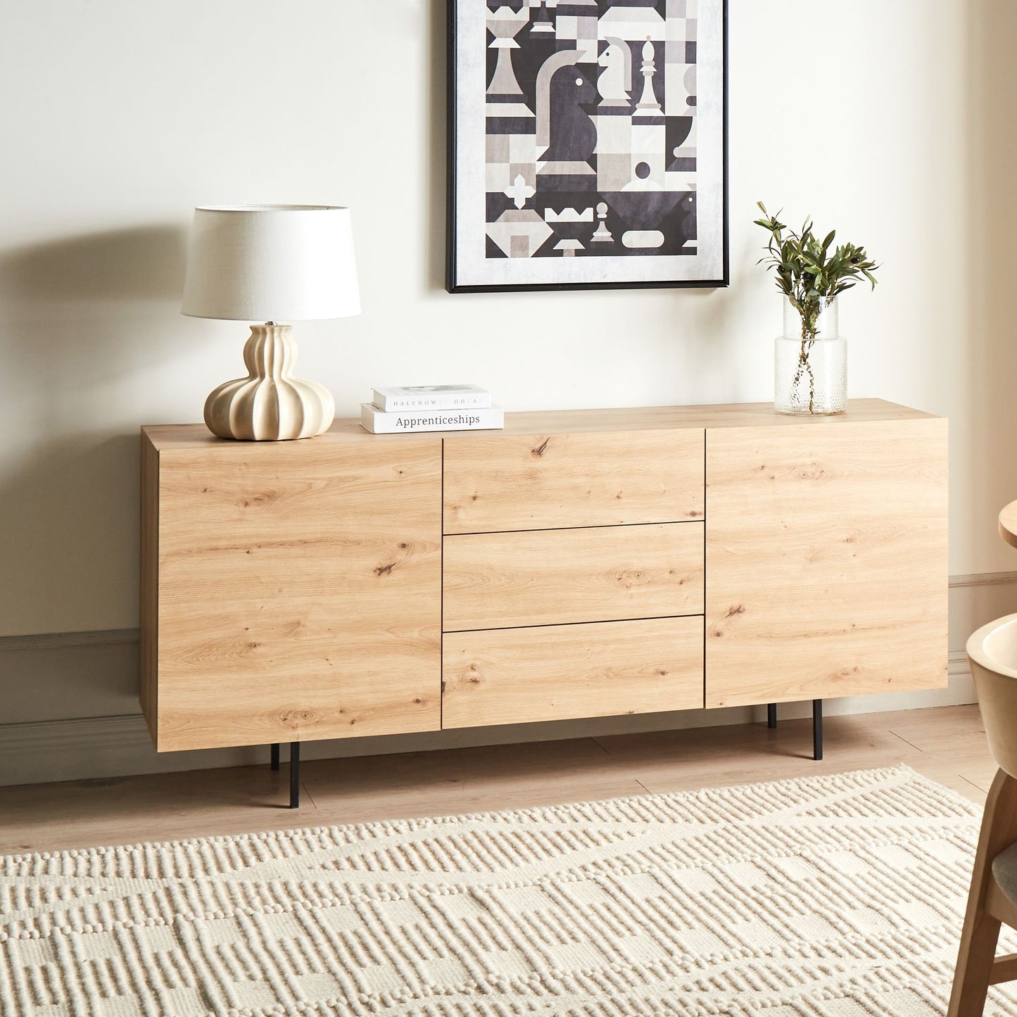 Sideboard Light Brown 2 Door 3 Drawer Cabinet Storage Unit Scandinavian Style for Living Room