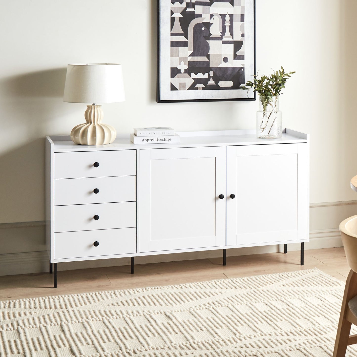 Sideboard White 2 Door 4 Drawer Cabinet Storage Unit Scandinavian Style
