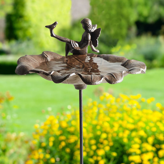 Iron Bird Bath With Fairy Perched Bowl Water Lily Decor Brown Outdoor
