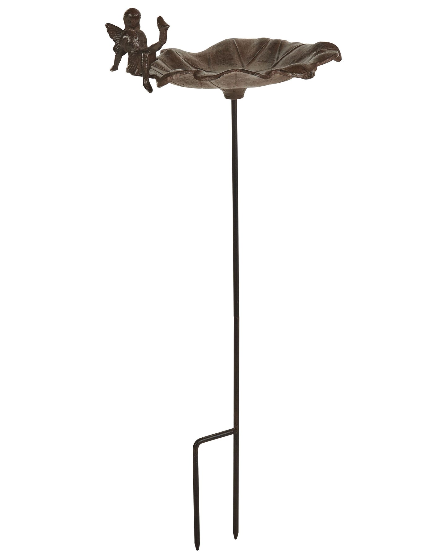 Iron Bird Bath With Fairy Perched Bowl Water Lily Decor Brown Outdoor