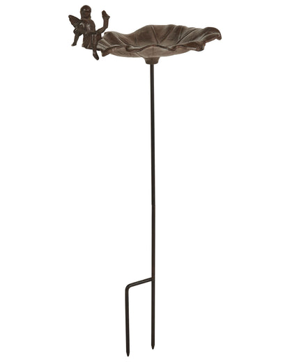 Iron Bird Bath With Fairy Perched Bowl Water Lily Decor Brown Outdoor