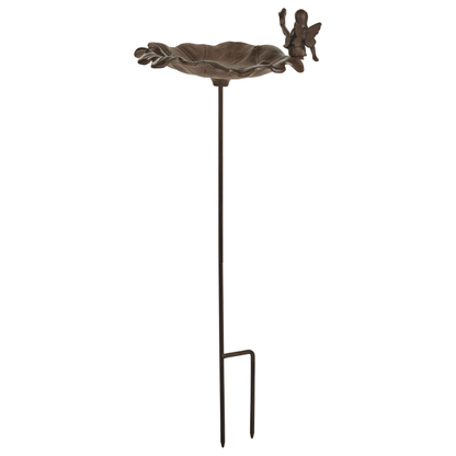 Iron Bird Bath With Fairy Perched Bowl Water Lily Decor Brown Outdoor