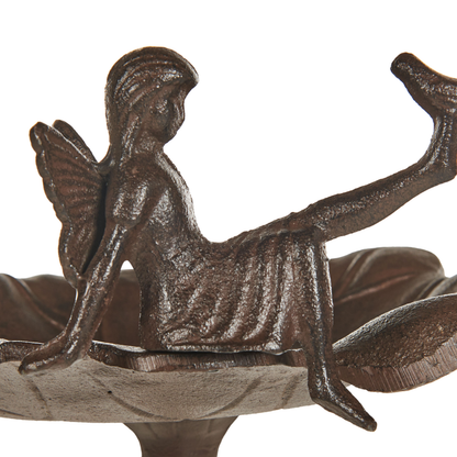 Iron Bird Bath With Fairy Perched Bowl Water Lily Decor Brown Outdoor