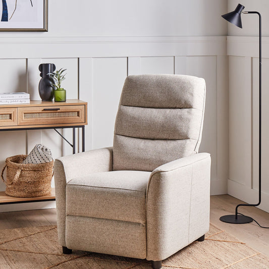 Heritage Home Recliner Chair Beige Fabric Upholstery Manual Push Back With Footrest Retro Armchair