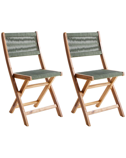 Set Of 2 Green Acacia Wood Rope Folding Garden Chairs