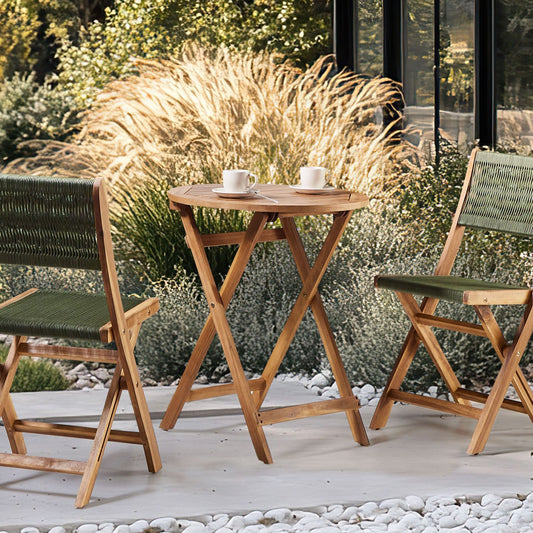 Acacia Wood 3 Piece Folding Bistro Set Green Slatted Design Scandinavian Modern