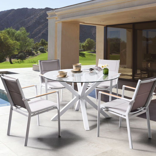 Garden Dining Table White Aluminium Legs Round Glass Top 120cm Outdoor Modern