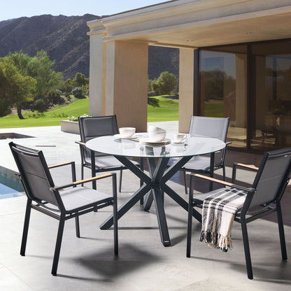 Round Garden Table 120cm Black Aluminium Legs Glass Top