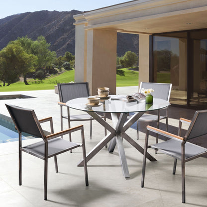 Outdoor Garden Dining Table Round Transparent Glass Top 120cm Silver Stainless Steel Frame