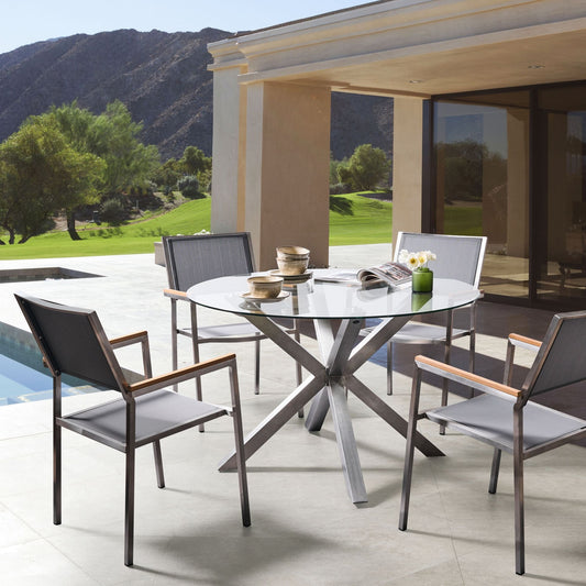 Outdoor Garden Dining Table Round Transparent Glass Top 120cm Silver Stainless Steel Frame