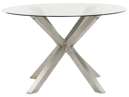 Outdoor Garden Dining Table Round Transparent Glass Top 120cm Silver Stainless Steel Frame