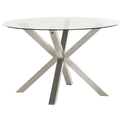 Outdoor Garden Dining Table Round Transparent Glass Top 120cm Silver Stainless Steel Frame