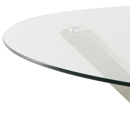 Outdoor Garden Dining Table Round Transparent Glass Top 120cm Silver Stainless Steel Frame