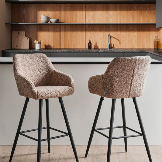 Taupe Boucle Bar Stool Set of 2 With Arms and Backrest Black Metal Legs
