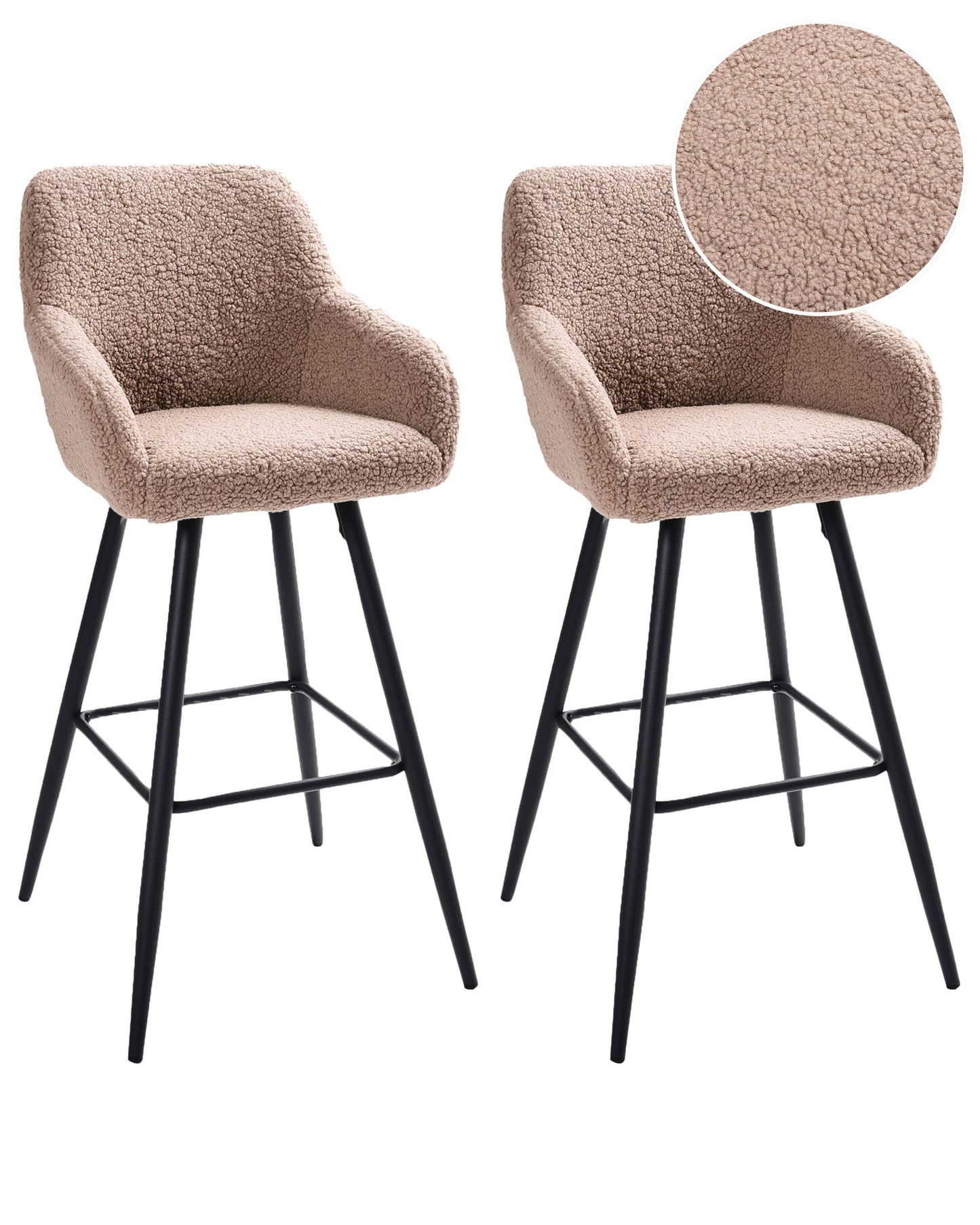 Taupe Boucle Bar Stool Set of 2 With Arms and Backrest Black Metal Legs