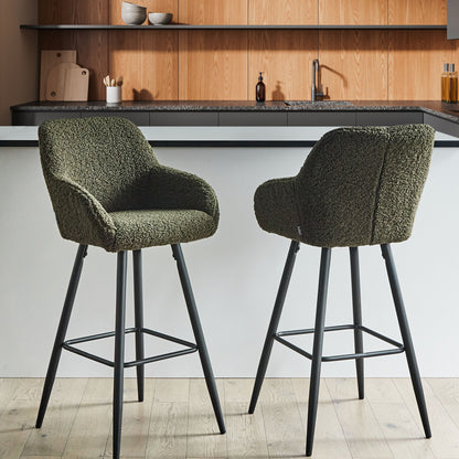 Boucle Bar Stool Set Of 2 Dark Green With Arms Backrest