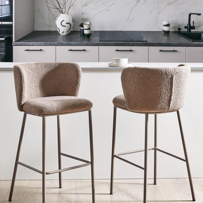 Set of 2 Bar Chairs Brown Boucle Armless With Black Legs