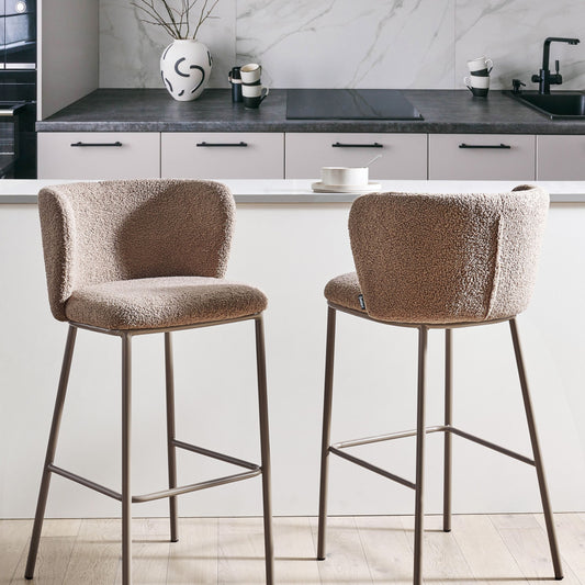 Set of 2 Bar Chairs Brown Boucle Armless With Black Legs