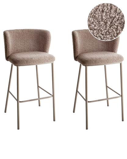 Set of 2 Bar Chairs Brown Boucle Armless With Black Legs