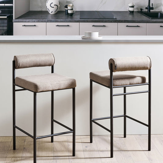 Taupe Bar Chairs Set of 2 With Roll Backrest Black Metal Legs Armless Modern Dining Stools