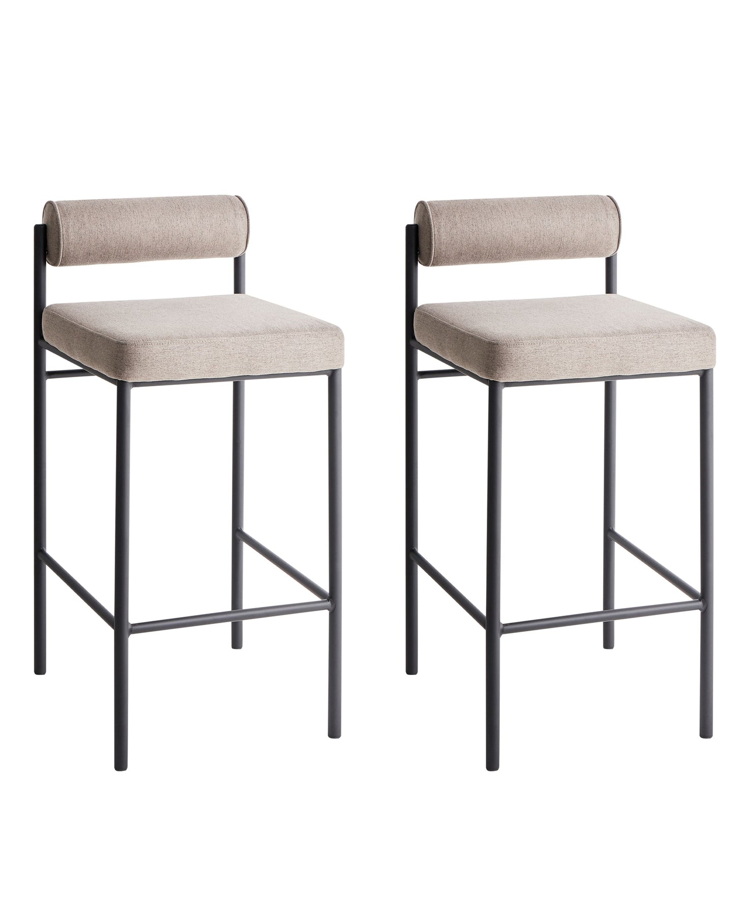 Taupe Bar Chairs Set of 2 With Roll Backrest Black Metal Legs Armless Modern Dining Stools