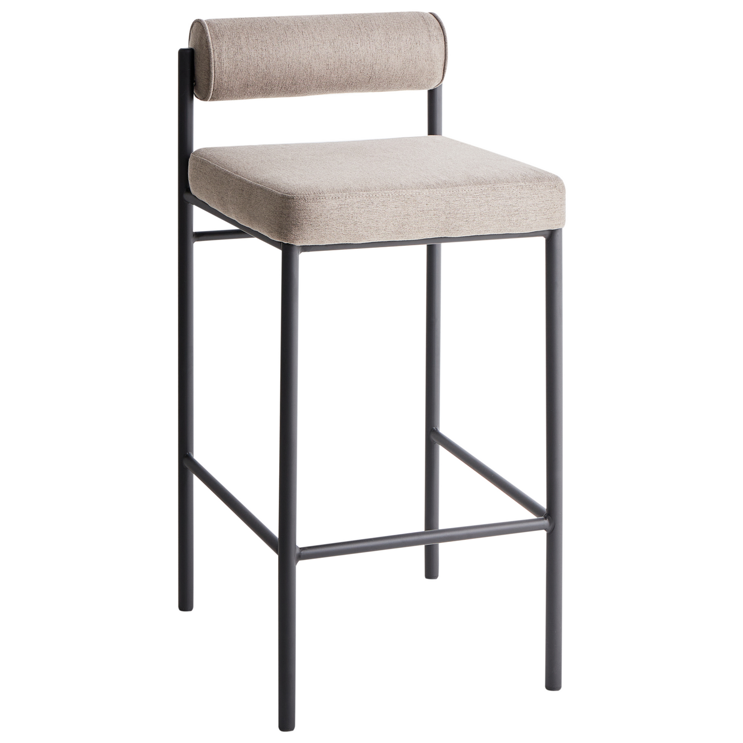 Taupe Bar Chairs Set of 2 With Roll Backrest Black Metal Legs Armless Modern Dining Stools