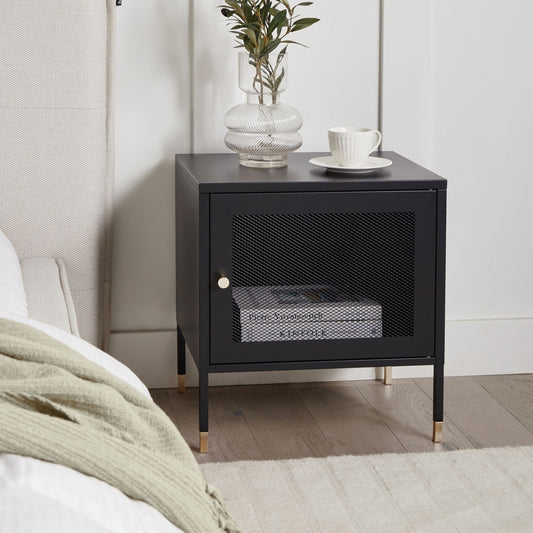 Bedside Table Black Steel Powder Coated Mesh Door Nightstand Industrial Storage