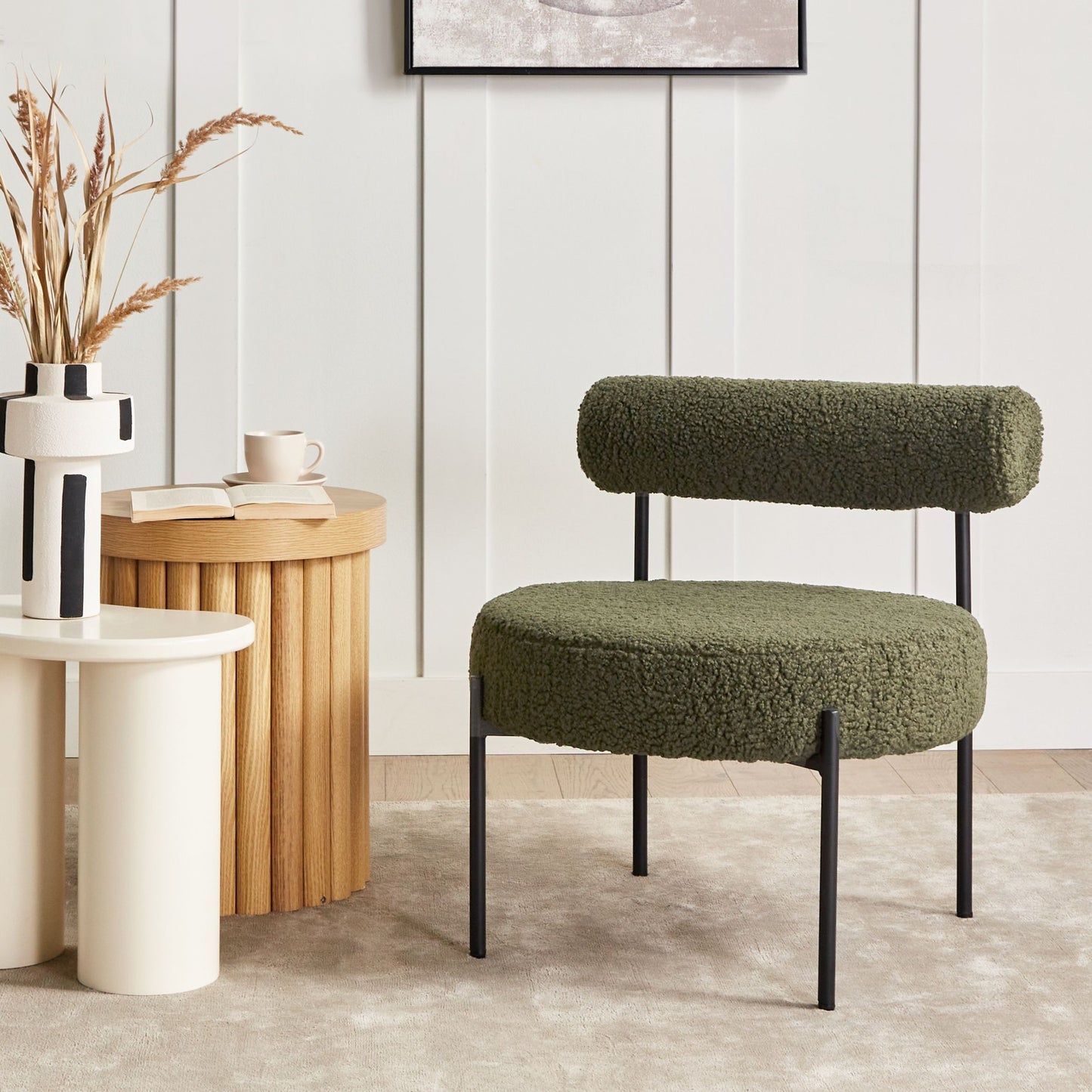 Armless Accent Chair Green Boucle Round Seat Black Metal Frame