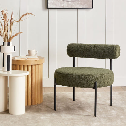 Armless Accent Chair Green Boucle Round Seat Black Metal Frame