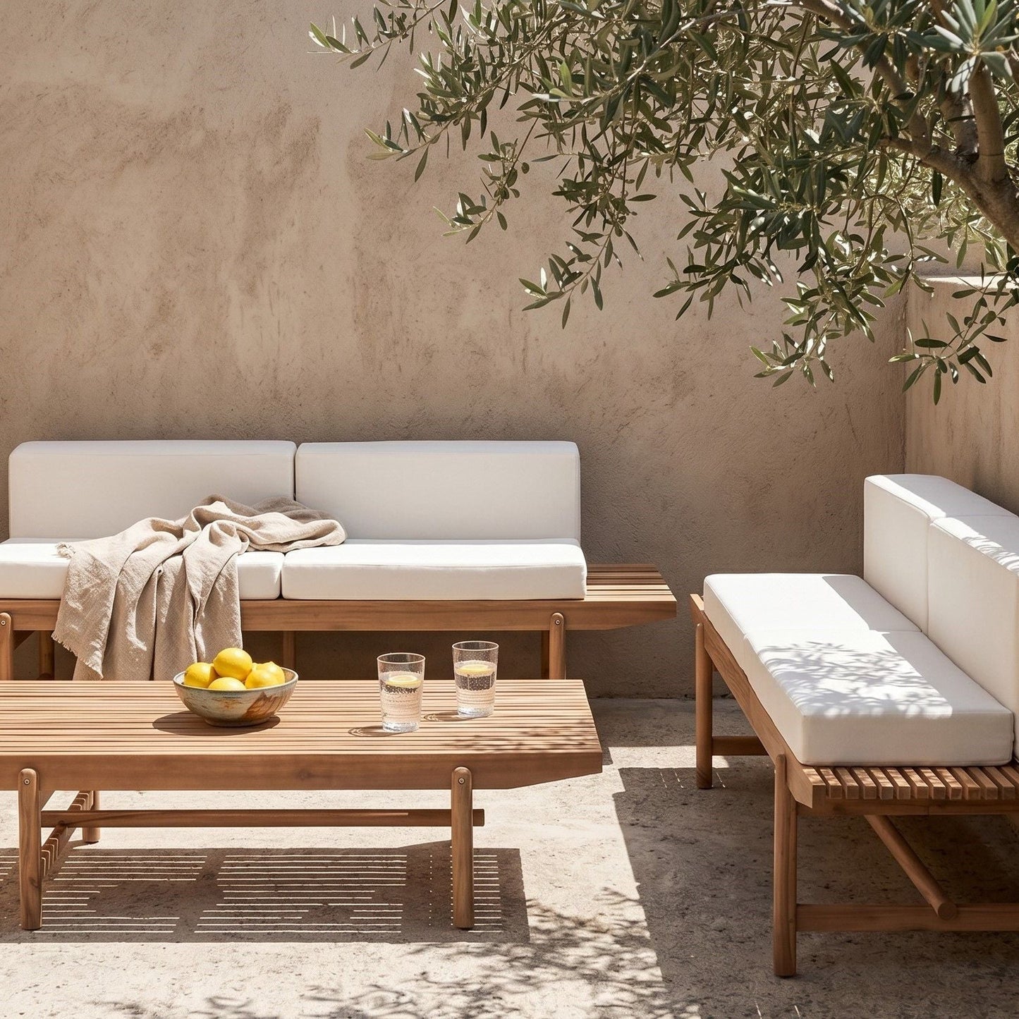 Garden Sofa Set With Off White Cushions Rustic Acacia Wood Outdoor 4 Seater 2 Benches Coffee Table