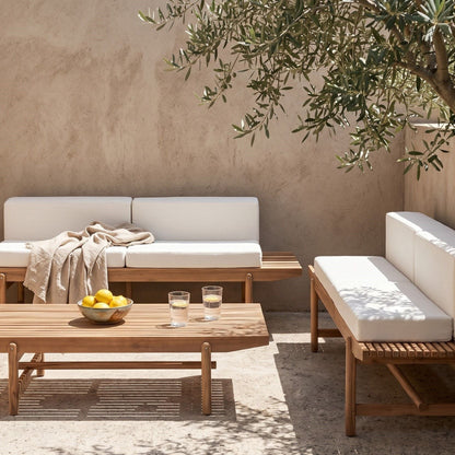 Garden Sofa Set With Off White Cushions Rustic Acacia Wood Outdoor 4 Seater 2 Benches Coffee Table