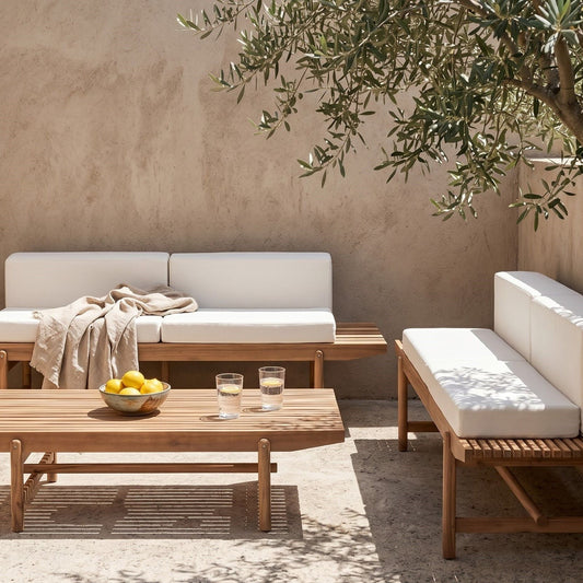 Garden Sofa Set With Off White Cushions Rustic Acacia Wood Outdoor 4 Seater 2 Benches Coffee Table