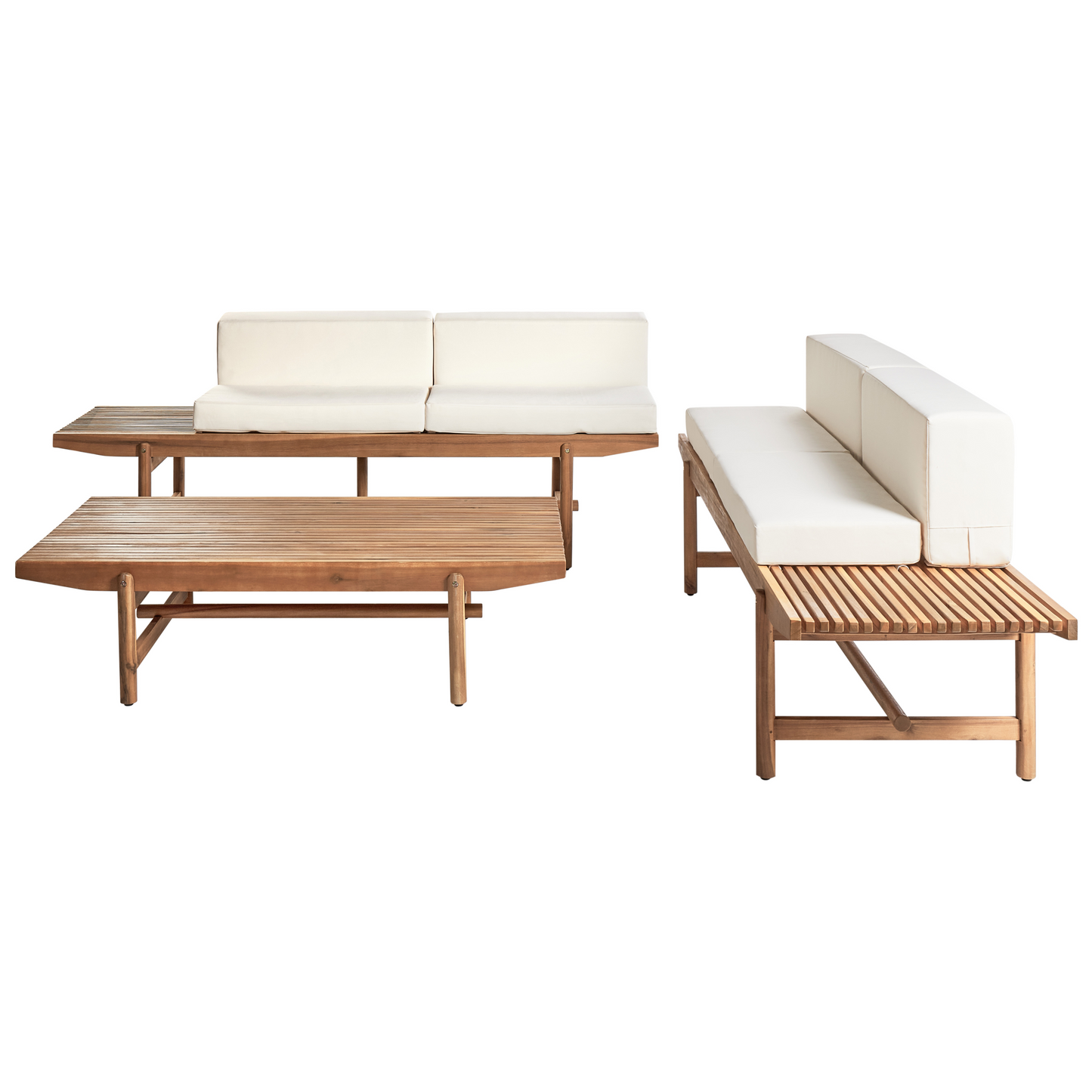 Garden Sofa Set With Off White Cushions Rustic Acacia Wood Outdoor 4 Seater 2 Benches Coffee Table