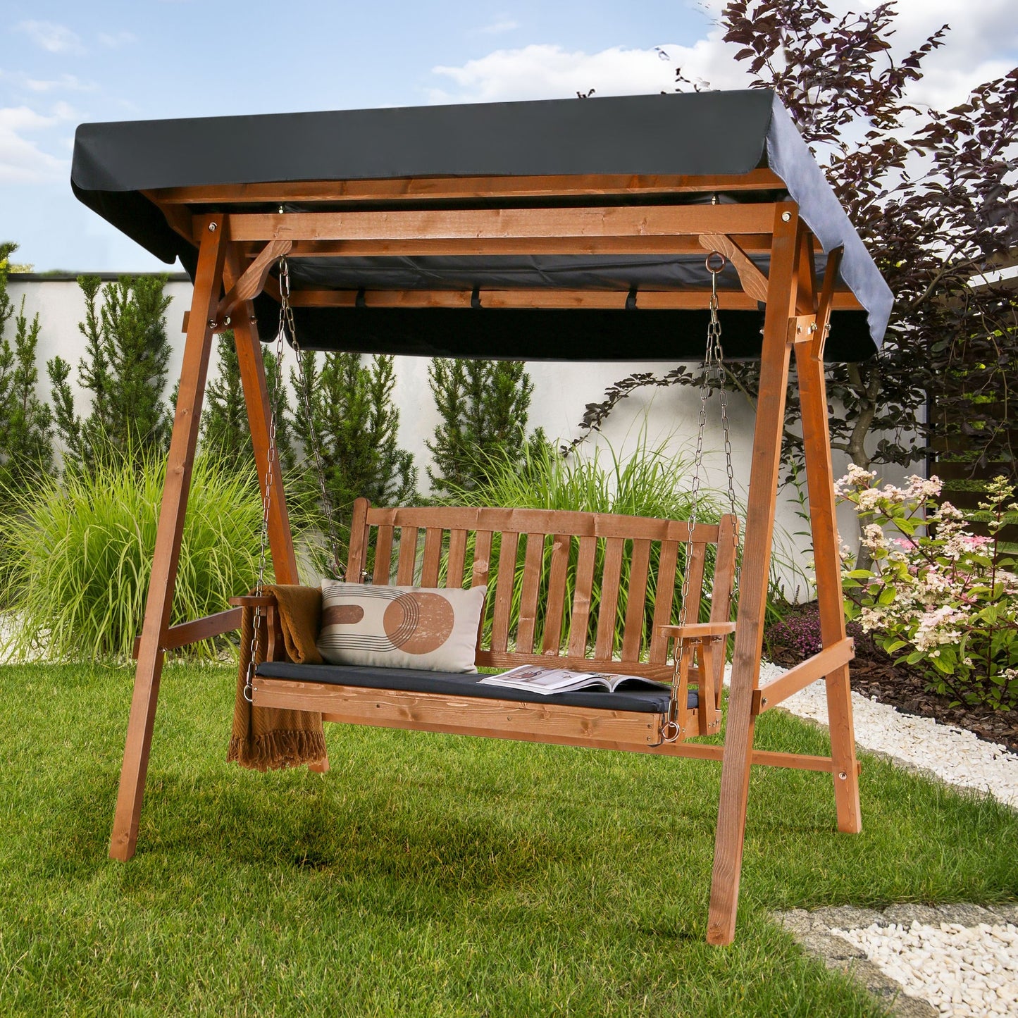 Garden Swing Seat Spruce Wood Frame Dark Grey Canopy 2-Seater