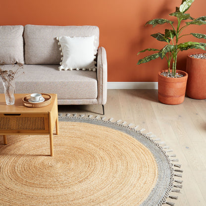 Round Area Rug 200cm Beige And Grey Boho Rustic Handwoven Jute Cotton Blend