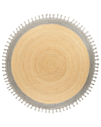 Round Area Rug 200cm Beige And Grey Boho Rustic Handwoven Jute Cotton Blend