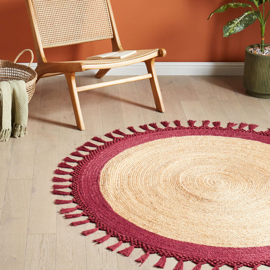 Round Jute Rug Spiral Braided 140cm Boho Beige Red