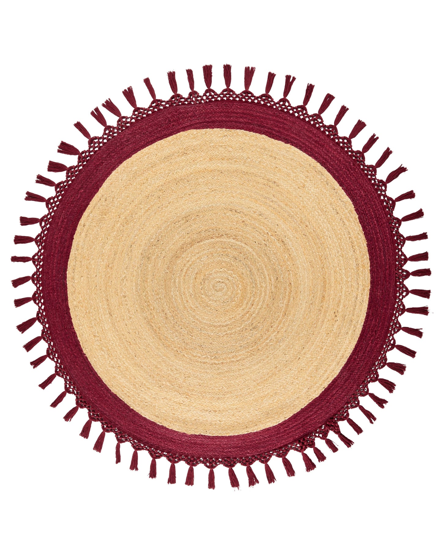 Round Jute Rug Spiral Braided 140cm Boho Beige Red