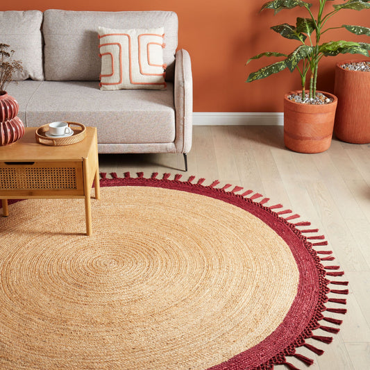 Round Jute Area Rug 200cm Beige Red Handmade Braided Spiral Boho Rustic