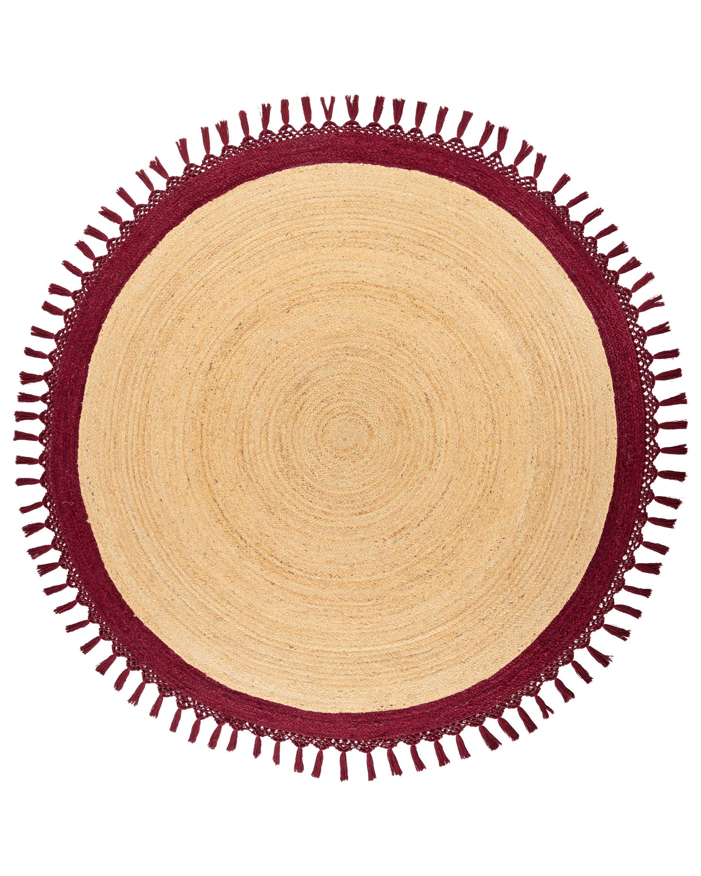 Round Jute Area Rug 200cm Beige Red Handmade Braided Spiral Boho Rustic