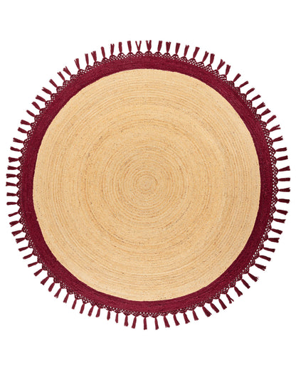 Round Jute Area Rug 200cm Beige Red Handmade Braided Spiral Boho Rustic