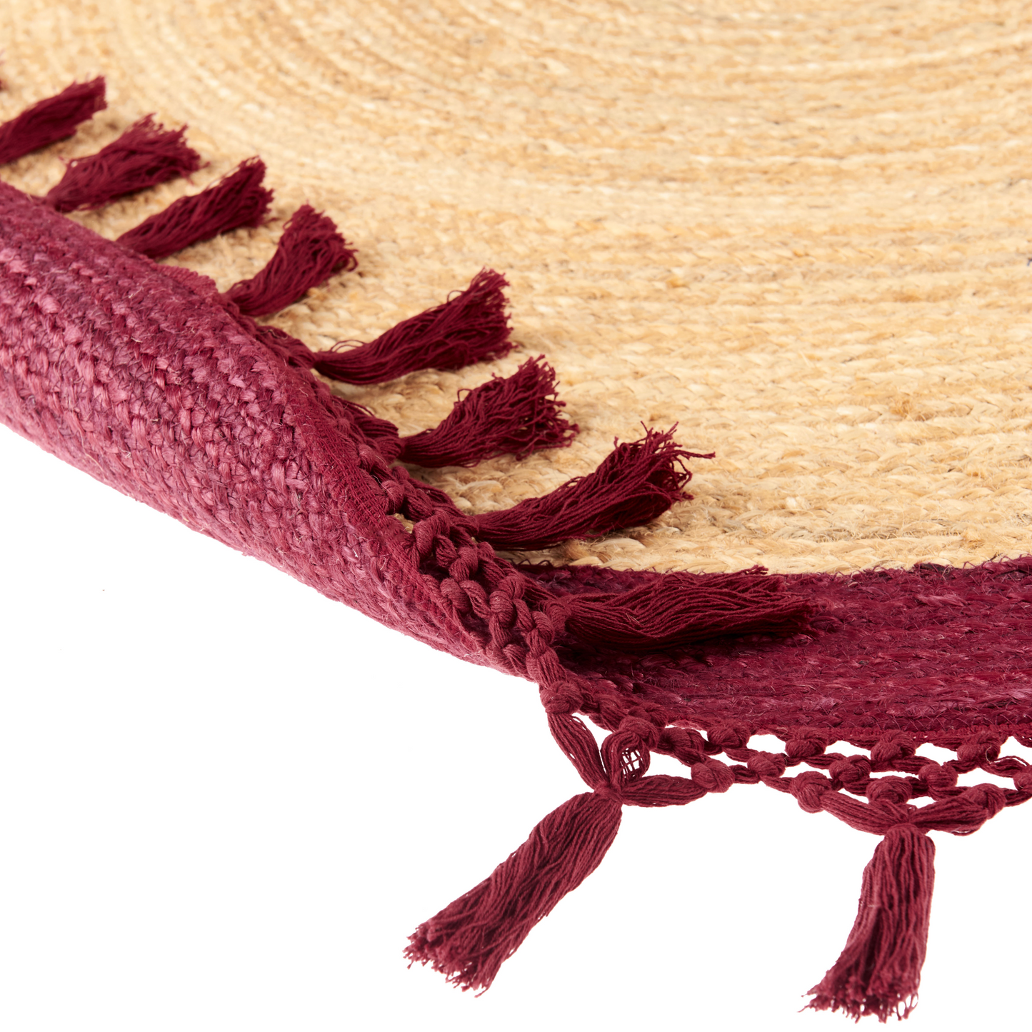 Round Jute Area Rug 200cm Beige Red Handmade Braided Spiral Boho Rustic