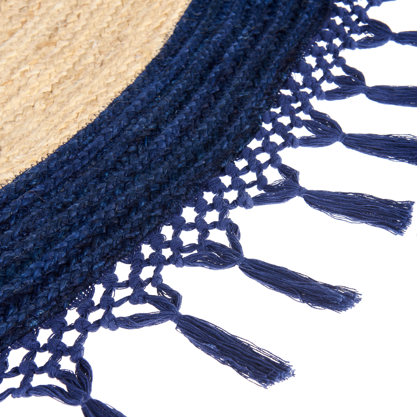 Round Jute Rug 140cm Beige and Dark Blue Braided