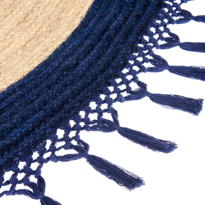Round Jute Rug 140cm Beige and Dark Blue Braided