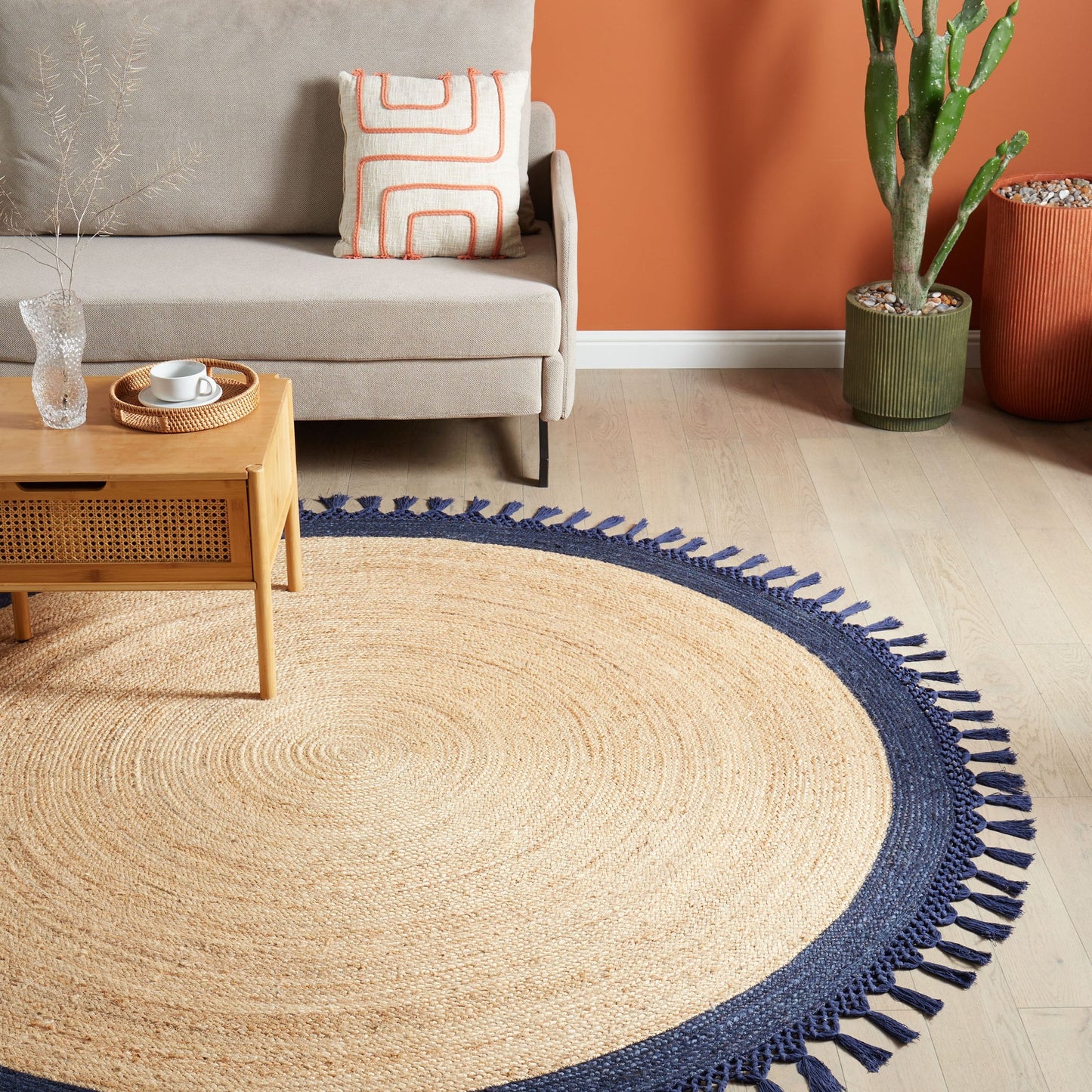 Round Jute Rug 200cm Beige Blue Boho Handmade Spiral
