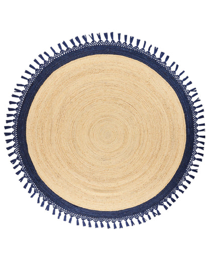 Round Jute Rug 200cm Beige Blue Boho Handmade Spiral