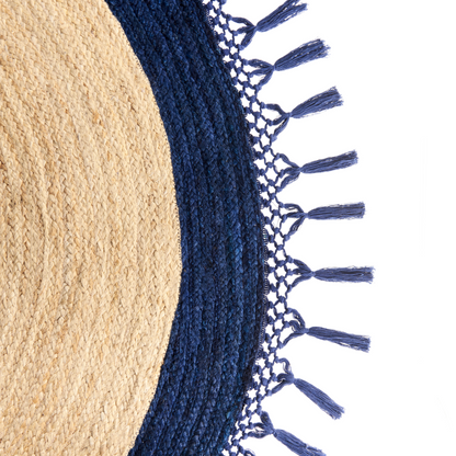 Round Jute Rug 200cm Beige Blue Boho Handmade Spiral
